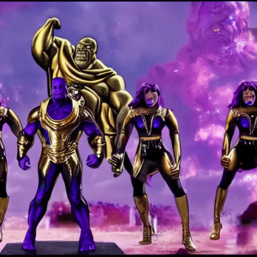 Image similar to thanos in a rap video with female backup dancers, he's wearing gold chains and hammer - pants