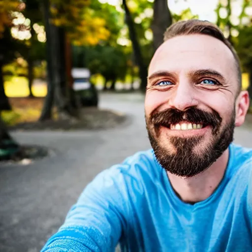 Image similar to 8k highly detailed selfie photo of the most deliriously happy man, super big smile, really really happy, blue eyes, brown hair, mustache, symmetrical face, handsome,