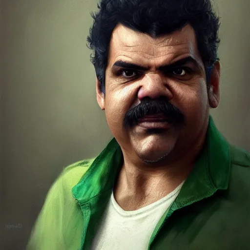 Image similar to hyper realistic portrait, beautifully rendered, luis guzman as luigi wearing green, smirking deviously, luigi, painted by greg rutkowski, wlop, artgerm, dishonored 2