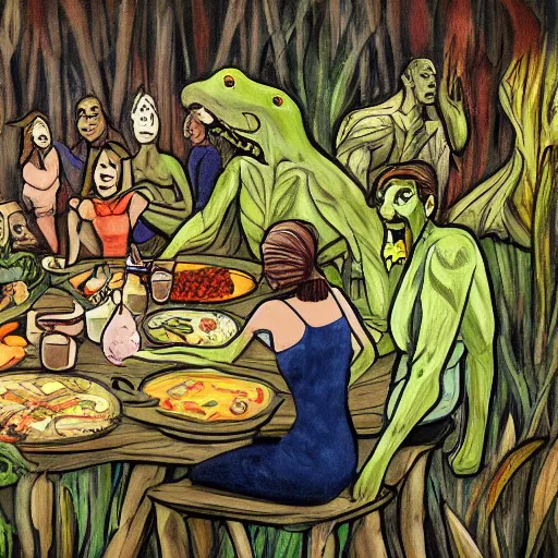 Prompt: the people of the swamp are eating together, expressionistic masterpiece painting, beautiful brush strokes, advanced lighting technology, realistic faces and anatomy yet stylized