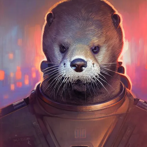 Image similar to hyperrealistic portrait of an athropomorphic otter wearing an astronaut outfit, bladerunner street, art of elysium by jeremy mann and alphonse mucha, fantasy art, photo realistic, dynamic lighting, artstation, poster, volumetric lighting, very detailed face, 4 k, award winning, cinematic lighting, deviantart, artstation, cg society