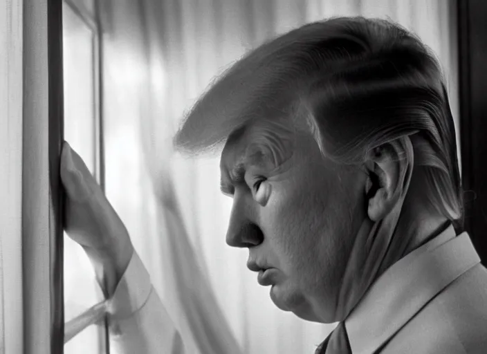 Image similar to screenshot from moody scene of Donald Trump looking out window, in High and Low, 1963 film directed by Akira Kurosawa, kodak film stock, black and white, anamorphic lens, 4K, detailed, stunning cinematography and composition shot by Takao Saito, 70mm