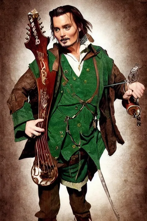 Image similar to Breathtaking comic book style of Johny Depp portrayed as a Dungeons and Dragons bard, playing the lute and wearing a pale green vest and white shirt in the style of Samwise Didier