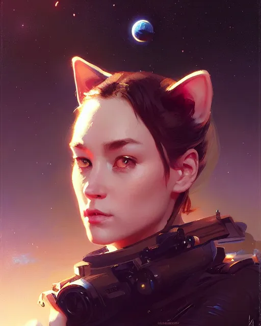 Image similar to a potrait of a space fanstasy cat, fine details. night setting. realistic shaded lighting poster by ilya kuvshinov katsuhiro, artgerm, jeremy lipkin and michael garmash, unreal engine, radiant light, detailed and intricate environment, digital art, trending on art station