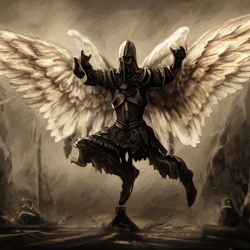 Prompt: angel of death wings spread hovering above kneeling knight, 4k ultra hd, dark concept art
