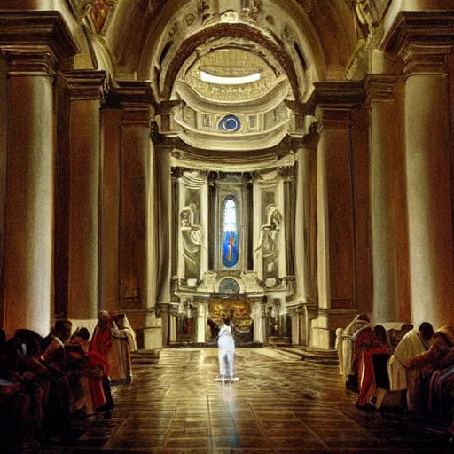 Image similar to a priest baptizing a cyborg in a vatican church wide - angle. holy light. painting.