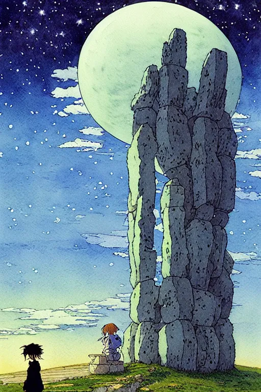 Image similar to hyperrealist studio ghibli watercolor fantasy concept art of a giant from howl's moving castle sitting on stonehenge like a chair. it is a misty starry night. by rebecca guay, michael kaluta, charles vess