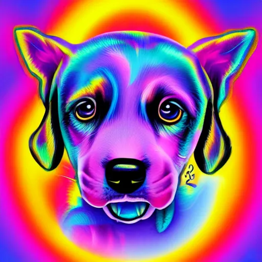 Prompt: Cute puppy in the style of Lisa Frank, portrait, trending on artstation
