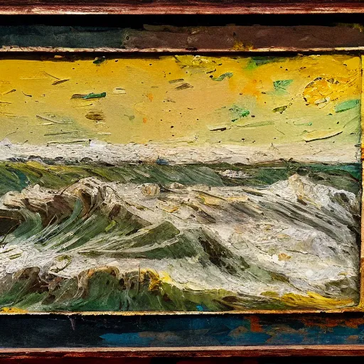 Prompt: oil paint impasto relief, beautiful italian beach scene, rough sea, multi layered thick brush marks, some splattered paint, in the style of ivan shishkin and frank auerbach and van gogh