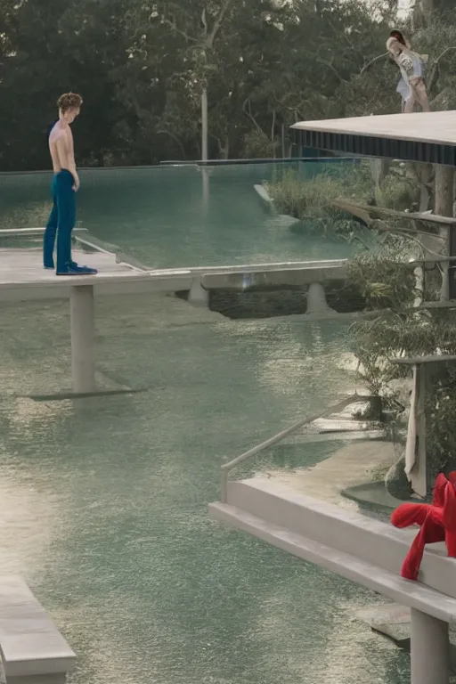 Image similar to troye sivan standing on the diving board, red weapon 8 k s 3 5, cooke anamorphic / i lenses, highly detailed, cinematic lighting