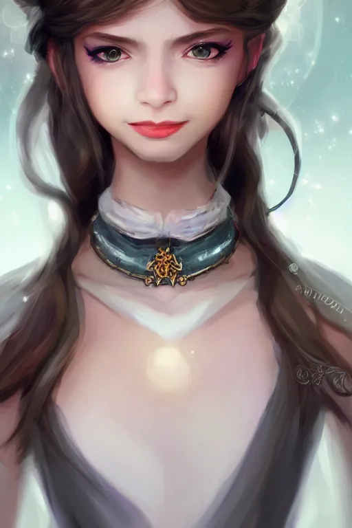 Prompt: portrait of a gorgeous young female artificer, looking at camera, D&D, choker on neck, stylish dress, mouth slightly open, cute slightly nerdy smile, very long flowing hair, intricate, elegant, stylish, fantasy, extremely detailed, digital painting, artstation, concept art, smooth, sharp focus, illustration, stunning lighting, art by artgerm and greg rutkowski and alphonse mucha and simon stalenhag