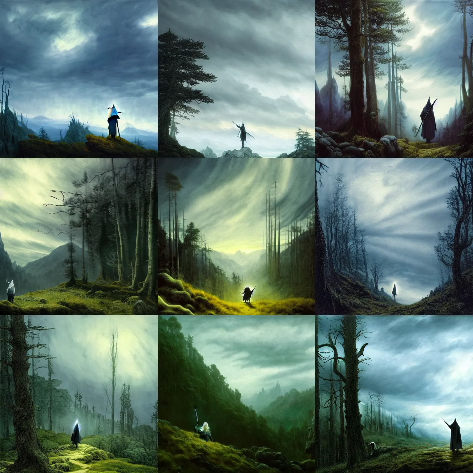 Prompt: Gandalf the Grey travelling in the forest, epic, epic sky, highly detailed, artstation, illustration, art by Caspar David Friedrich