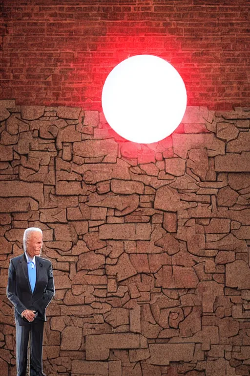 Image similar to biden with glowing red eyes breaking through a brick wall digital art illustration detailed