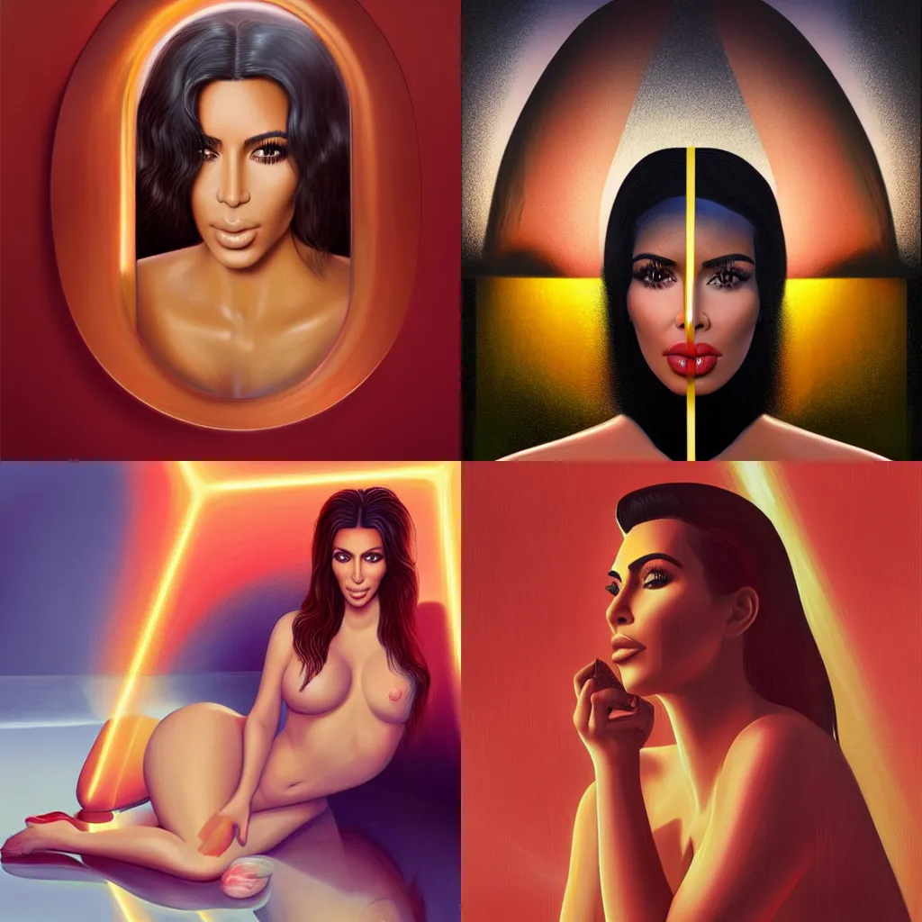 Prompt: Kim Kardashian with beautiful face and full body laying in a blood red pool of water between a bright golden glowing mirror frame, outside is space and inside the mirror frame is a beautiful landscape. Hyperrealistic surreal 4K IMAX Rene Margritte intricate, elegant, highly detailed, digital painting, artstation, concept art, smooth, sharp focus, illustration, art by artgerm, Francis bacon, HR Giger and greg rutkowski and alphonse mucha