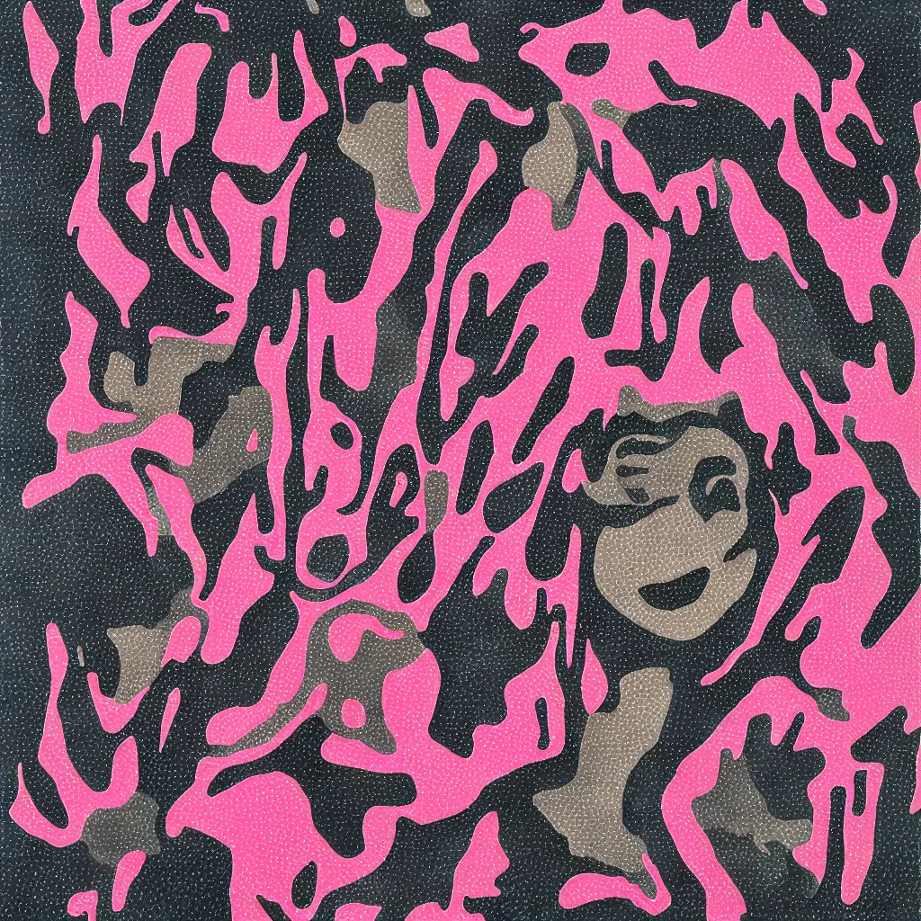 Image similar to camo made of out teeth, smiling, abstract, maya bloch artwork, pink convertible, do hoang tuong artwork, cryptic, dots, stipple, lines, splotch, color tearing, pitch bending, faceless people, dark, ominous, eerie, minimal, points, technical, old painting