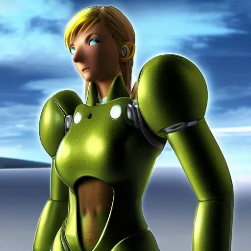 Prompt: Samus in the varia suit standing in the middle of a desolate planet, full body shot, the planet is full of otherworldly natural structures, two moons float above the horizon, futuristic