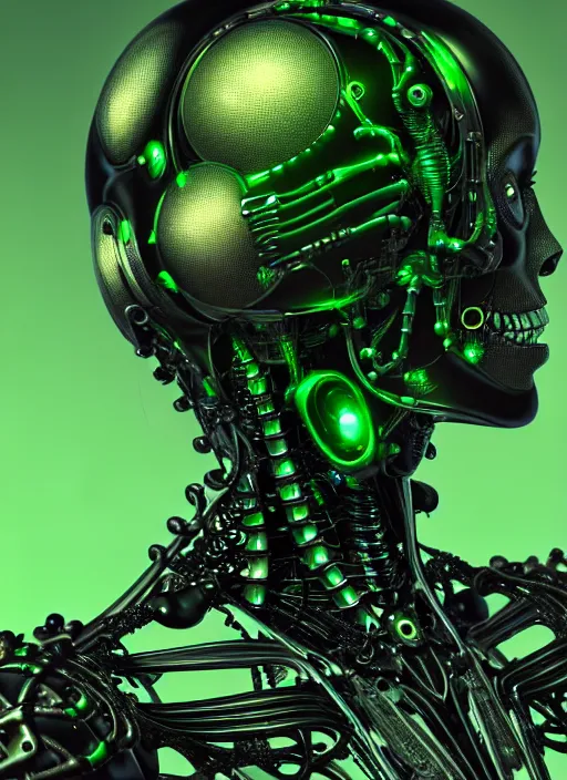 Image similar to a photorealistic detailed close up portrait of a cybernetic, bionic, metal skeleton, black and green only, intricate, elegant, highly detailed, digital painting, artstation, concept art, smooth, sharp focus, illustration, art by hana yata, artem demura, alphonse mucha, octane render, unreal engine, 8 k