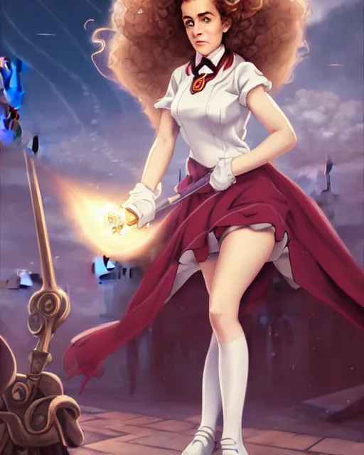 Prompt: beautiful pinup photo of hermione granger by emma watson in the crowded square of hogwarts, hermione by a - 1 pictures, by peter mohrbacher, gil elvgren, glossy skin, pearlescent, anime, very coherent, sao style anime, flat, ecchi anime style, studio shaft, feminine, seductive, art nouveau