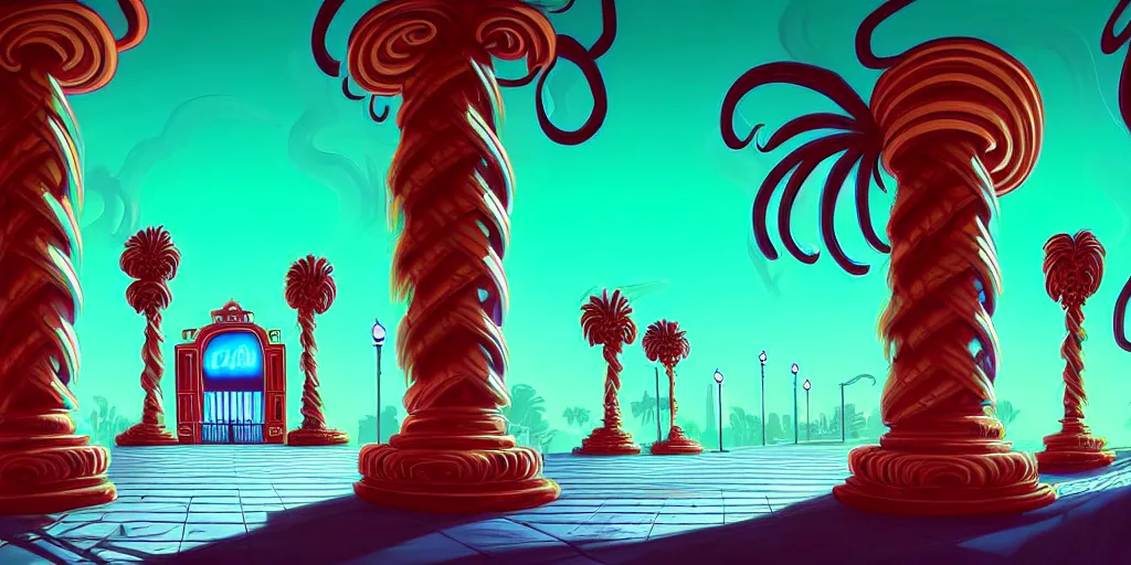 Prompt: curled perspective digital art of curly clouds entrance to the casino with marble columns and palm trees by anton fadeev from nightmare before christmas