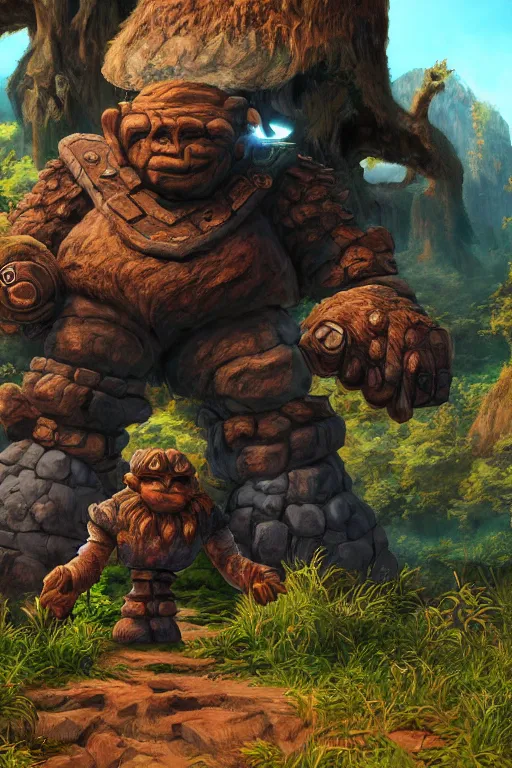 Image similar to zelda fantasy art giant golem troll wood rock greeble gemstone, global illumination ray tracing hdr fanart arstation by sung choi and eric pfeiffer and gabriel garza and casper konefal