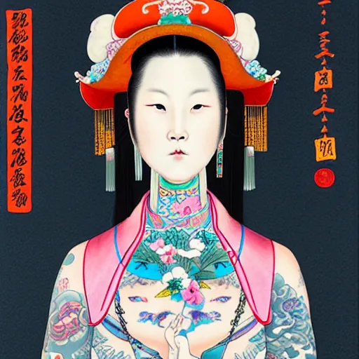 Image similar to full view, from a distance, of princess from the qing dynasty with tattoos, wearing a cowboy hat, style of yoshii chie and hikari shimoda and martine johanna, highly detailed