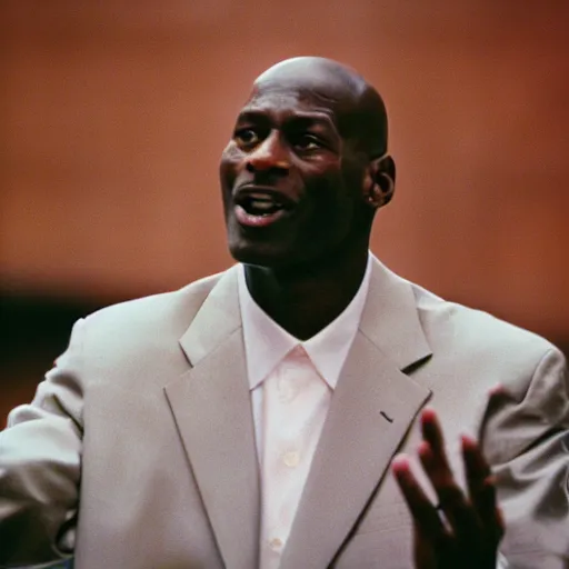 Image similar to a cinematic still of Michael Jordan preaching to a church congregation in 1998, shallow depth of field, portrait, 40mm