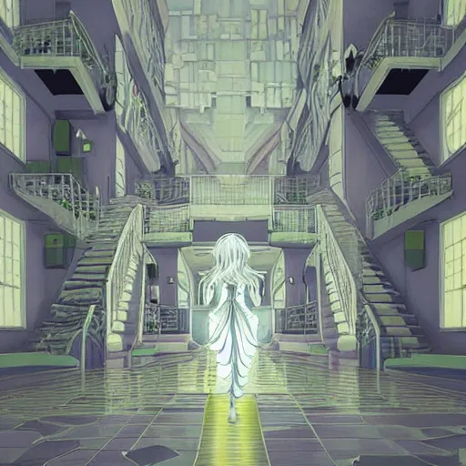 Image similar to a beautiful slimegirl woman in a bright white hallway with many doors and many stairs, Mc Escher architecture, epic composition, by Makoto Shinkai