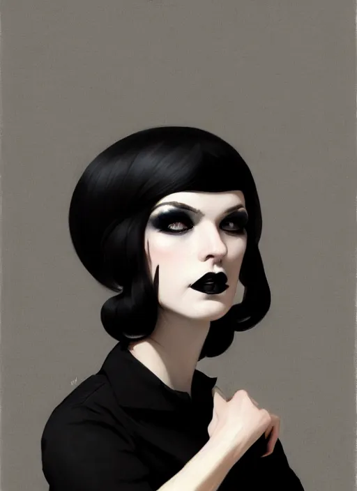 Image similar to portrait of a woman with a crooked nose and a confident expression, 1 9 6 0 s, black clothes, goth, punk, funk, intricate, elegant, highly detailed, digital painting, artstation, concept art, smooth, sharp focus, illustration, art by wlop, mars ravelo and greg rutkowski