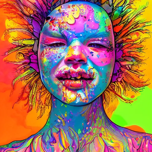 Prompt: facial portait of an ecstatic young woman by kim jung gi, thick splashed paint in fibonacci pattern in background, flowers and fractals exploding in background, psychedelic, multiple lensflares, rule of thirds, explosion of colors, subject in center of frame, vibrant colors, stunning lighting, detailed line art with watercolor background, greg rutkowski