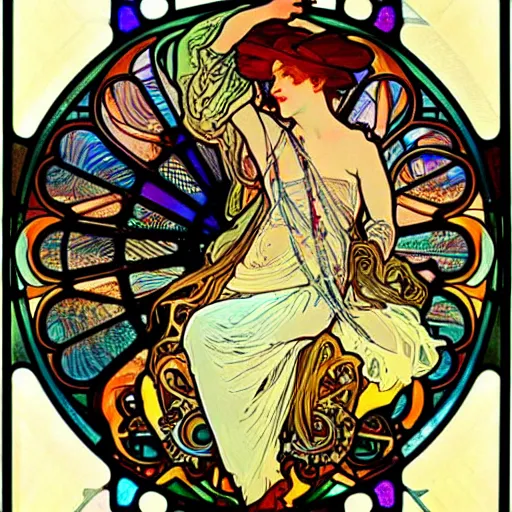 Prompt: burning man, goddess of travel, car, steering wheel, wheels, ticket, passport, intricate, stained glass by alphonse mucha