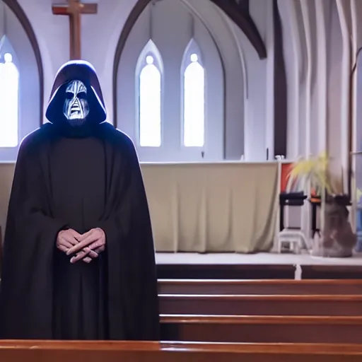 Image similar to emperor palpatine preaching to people at church, 8k cinematic lighting, very sharp detail, anatomically correct