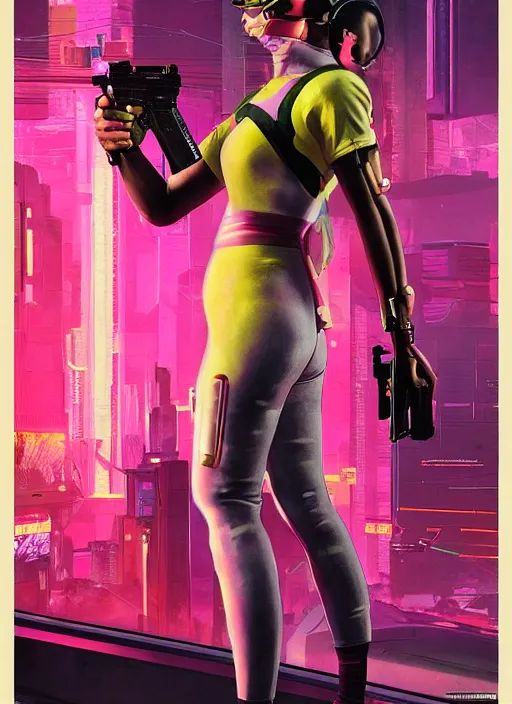 Image similar to beautiful cyberpunk female athlete wearing pink jumpsuit and firing a futuristic yellow belt fed automatic pistol. ad poster for pistol. cyberpunk poster by james gurney, azamat khairov, and alphonso mucha. artstationhq. gorgeous face. painting with vivid color, cell shading. ( rb 6 s, cyberpunk 2 0 7 7 )