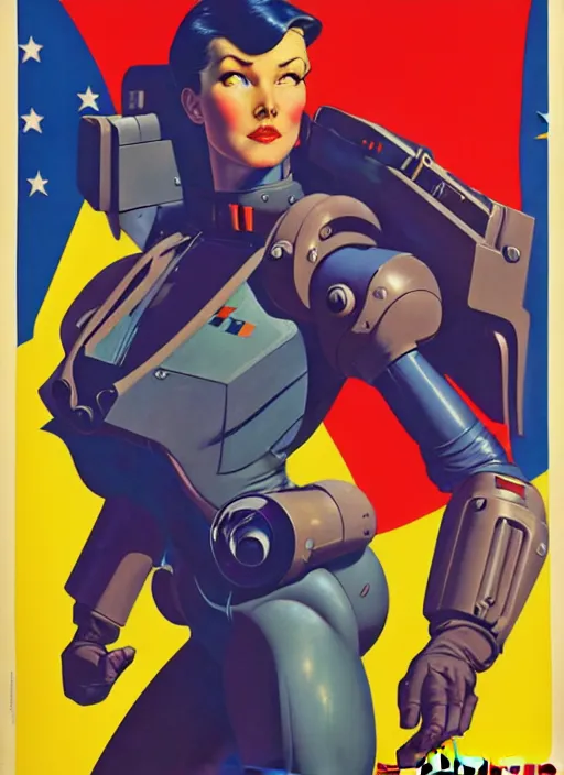 Image similar to american propaganda poster art. powerful cyberpunk pilot. portrait by jean giraud and anton otto fischer and john philip falter and will eisner and gil elvgren and pixar. full body. realistic proportions. science fiction d & d. overwatch, rb 6 s, cyberpunk 2 0 7 7, blade runner 2 0 4 9 concept art. cel shading. thick lines.