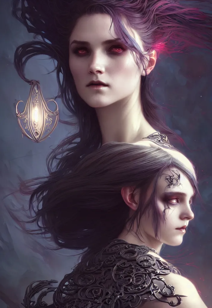 Image similar to Necromancer Sorceress, fantasy magic, undercut hairstyle, dark light night, intricate, elegant, sharp focus, illustration, highly detailed, digital painting, concept art, matte, art by WLOP and Artgerm and Greg Rutkowski and Alphonse Mucha, masterpiece