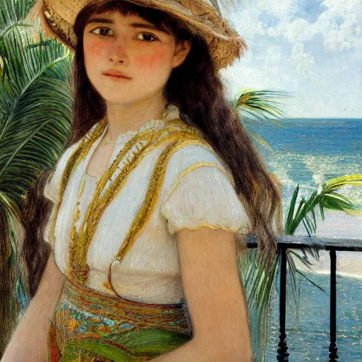 Image similar to a ultradetailed beautiful painting of a girl in the amazonas palace balustrade designed by jules bastien - lepage, hans belmer, frank weston and gustave baumann, beach, trending on artstation, mediterranean, palm trees, detailed face, sharp focus, soft light, 8 k 4 k