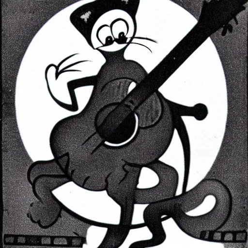 Image similar to cat playing guitar, rubber hose, felix the cat, pie eyes, 1 9 3 0 s, bw