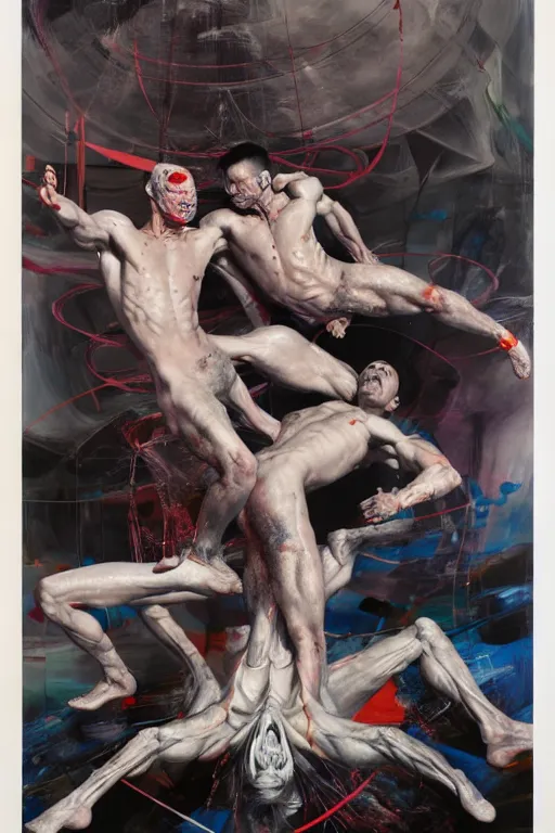 Prompt: muscular men entwined together, floating in space, inside a brutalist space ship, gothic, rich deep colours, painted by francis bacon, adrian ghenie, james jean and petra cortright, part by gerhard richter, part by jenny saville, part by takato yamamoto. 8 k 3 d epic