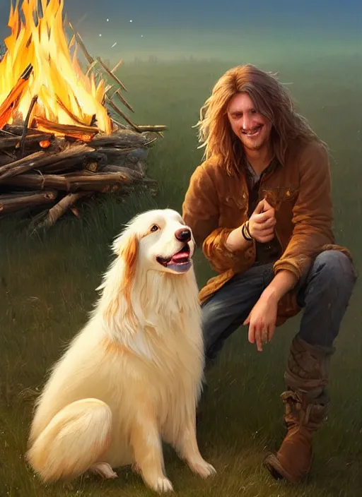 Image similar to highly detailed portrait of long - haired blonde hillbilly around a bonfire with his fluffy australian shepherd, stephen bliss, art by greg rutkowski, loish, rhads, ferdinand knab, makoto shinkai and lois van baarle, artgerm, pixar, ilya kuvshinov, rossdraws, tom bagshaw, global illumination