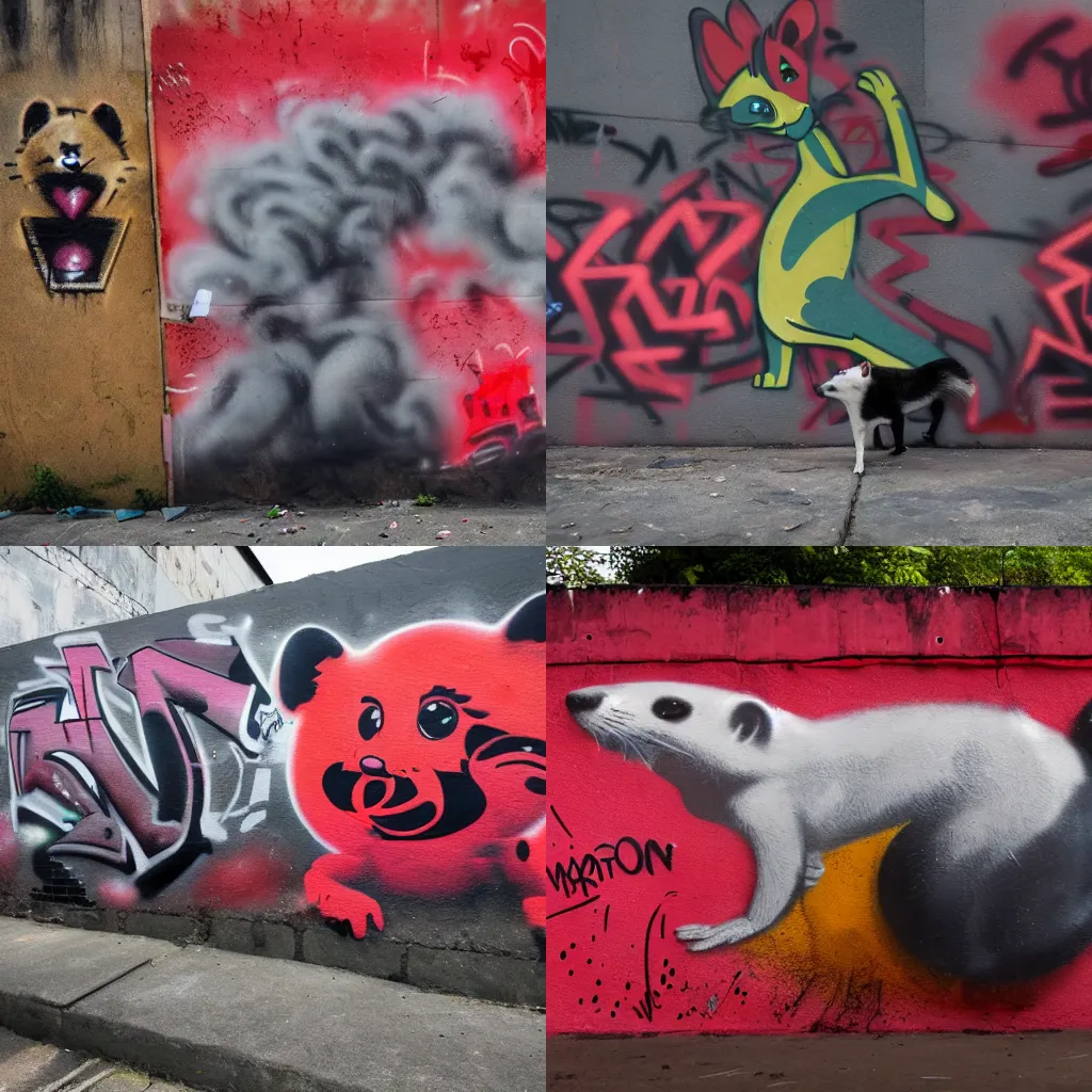 Prompt: photo ( far _ shot ), subject [ furry _ fandom _ fursona ( red _ and _ black, weasel - ferret - stoat ) ], background ( smoke, concrete ), medium [ graffiti ( spray _ paint ), favela _ wall ]