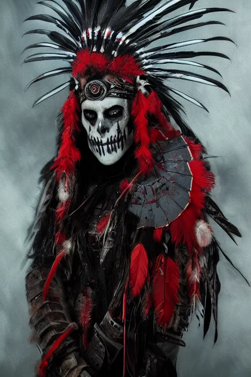 Image similar to the ghost - spirit of the grim - warpaint wears the scarlet skull armor and native blood headdress feathers, midnight fog - mist!, dark oil painting colors, realism, cinematic lighting, various refining methods, micro macro autofocus, ultra definition, award winning photo