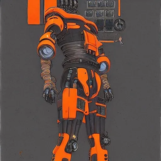 Image similar to cyberpunk mechanic dude with robotic calves. orange and black color scheme. concept art by james gurney and mœbius. apex legends character art