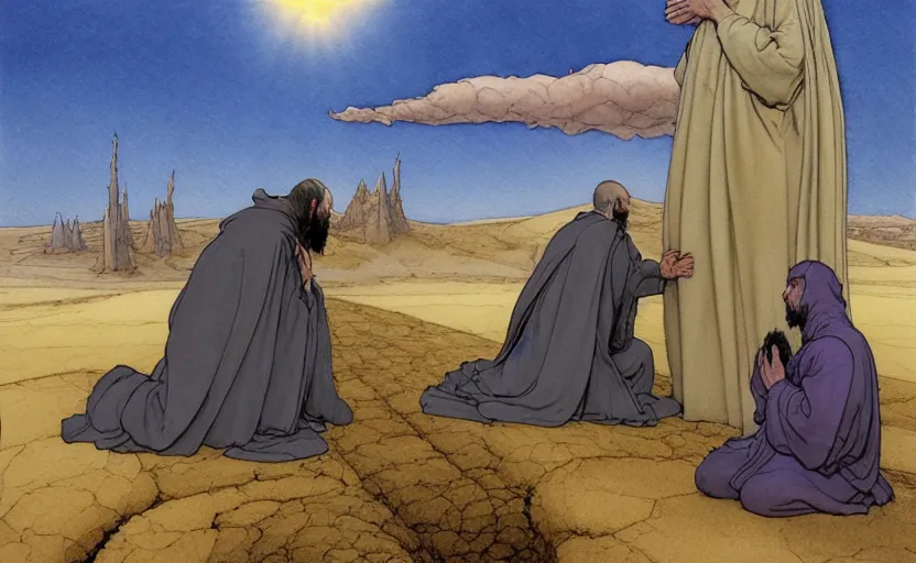 Image similar to a hyperrealist watercolour concept art of a medieval monk in grey robes kneeling in prayer on a desert road. a large space - time bending portal is above them in the sky. by rebecca guay, michael kaluta, charles vess and jean moebius giraud. high detail, hq, wide shot