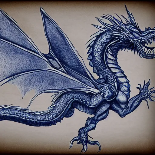 Image similar to blueprint of a fantasy dragon on papyrus