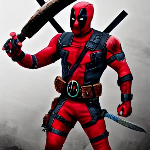 Image similar to a Viking Deadpool, detailed, realistic, dramatic, smooth,