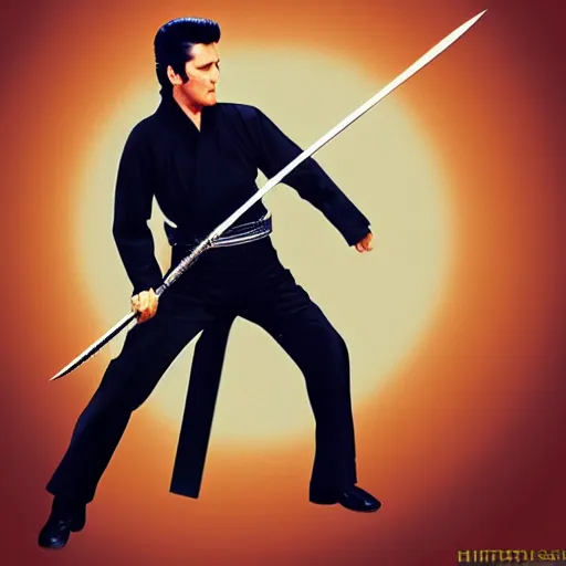 Prompt: elvis presley standing in a fighting stance holding a katana by the hilt with both hands ready to strike, realistic, digital painting, detailed,