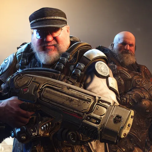 Image similar to george r. r. martin in gears of war destiny 2 overwatch witcher 3 god of war tomb raider cyberpunk 2 0 7 7 doom, highly detailed, extremely high quality, hd, 4 k, professional photographer, 4 0 mp, lifelike, top - rated, award winning, realistic, detailed lighting, detailed shadows, sharp, edited, corrected, trending