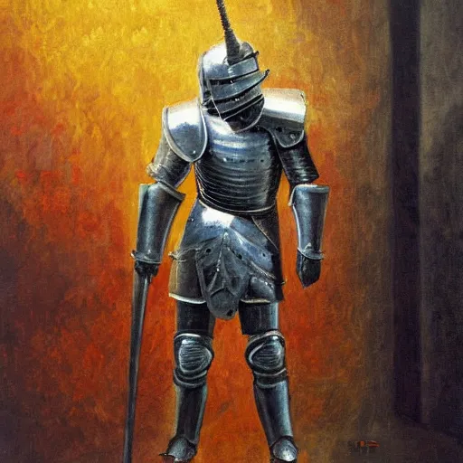 Prompt: a knight in plate armor by pavel sokov, oil painting