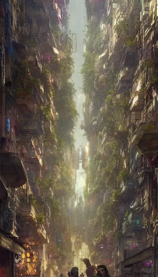 Image similar to hyper realistic cyberpunk city, busy crowded market street overtaken by lush plants, gnarly trees by tom bagshaw, mucha, gaston bussiere, craig mullins, j. c. leyendecker 8 k