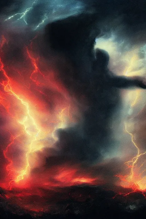 Image similar to a hulking human male silhouette in the darkness, his eyes glowing red, roiling stormclouds overhead,. atomospheric, artgerm, in the style of turner, high detail, 8 k resolution,