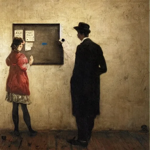 Prompt: a man and a woman solving an escape room puzzle, mysterious markings on the wall, by alfred stevens